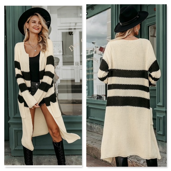 Long Open Cardigan Knit Striped Off White - Picture 5 of 9